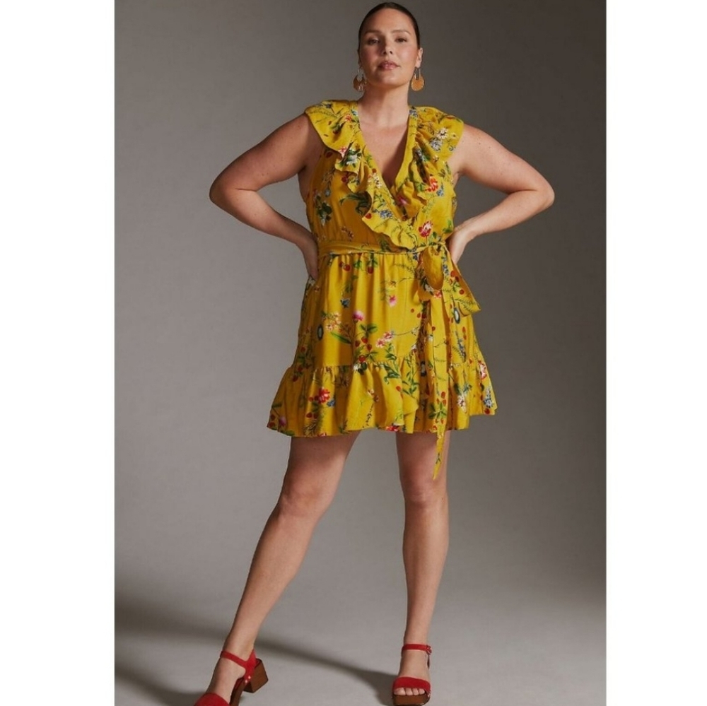 Anthropologie Maeve Floral Wrap Mini Ruffle Gold Yellow